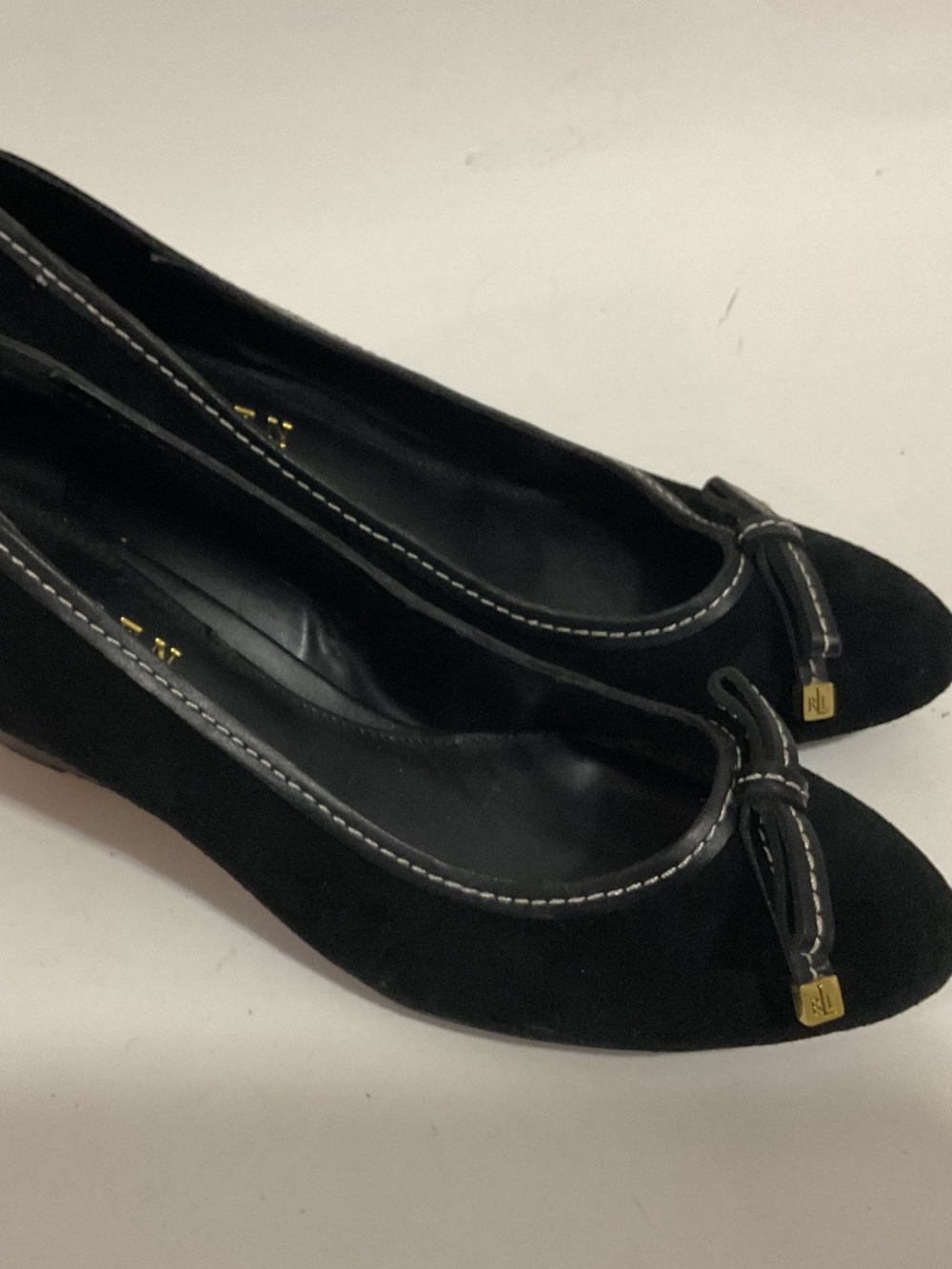 Women’s Lauren Ralph Lauren Berne Black Suede Wedge Heels,Gold Accents,10 B